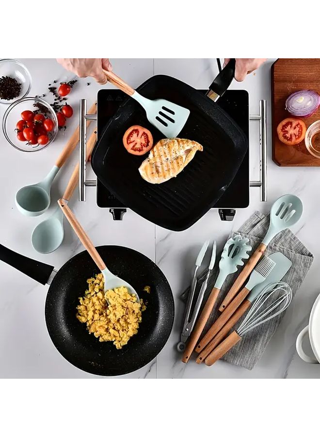 12Pcs Black Silicone Kitchen Utensil Set With Storage Bucket Wooden Cooking Tools - Image 2
